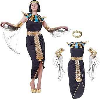 Wildarms Egyptian Costume Women Set 5 Pcs- Cleopatra Inspired Party Dress with Accessories for Halloween, Christmas