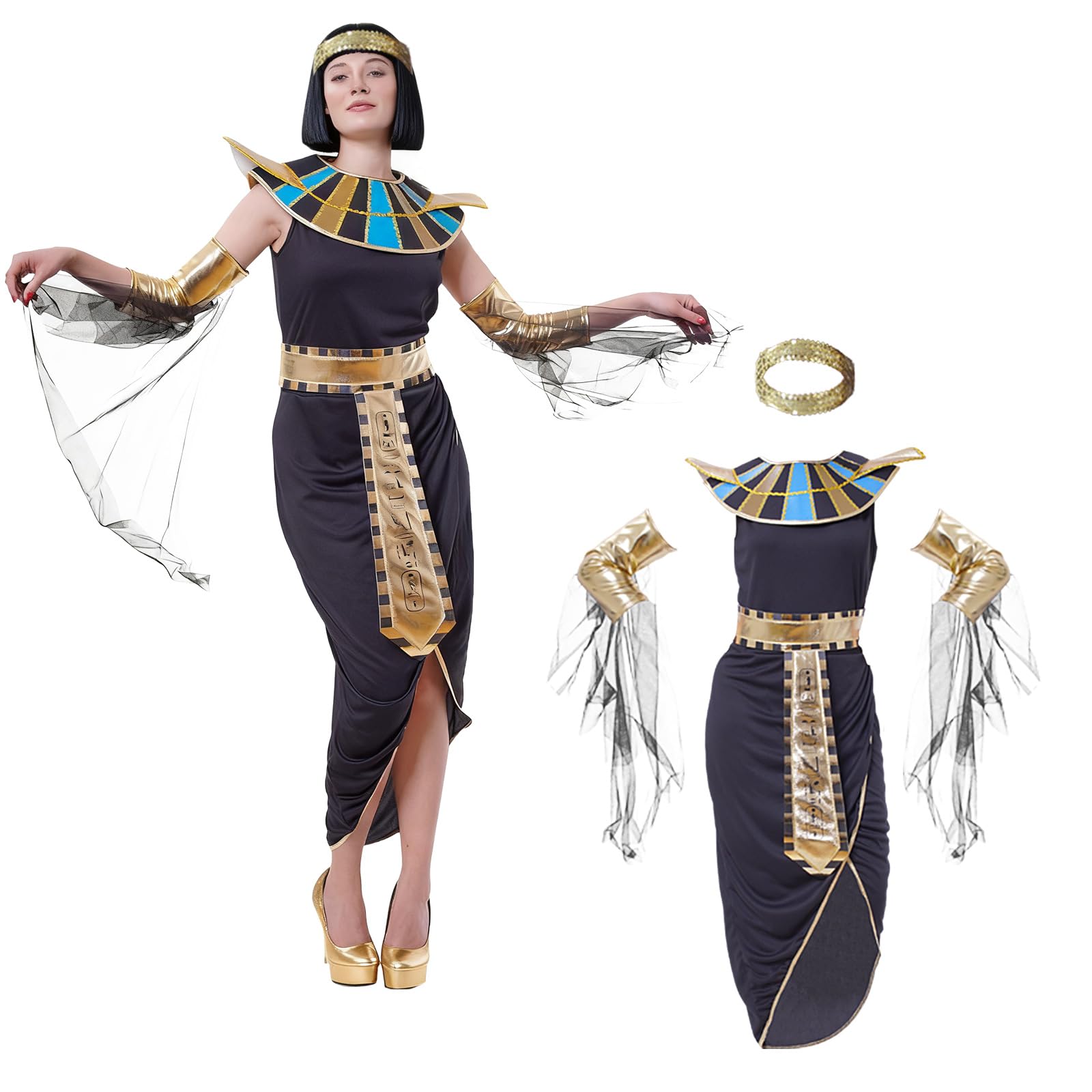 Wildarms Disfraz egipcio para mujer, 5 piezas, vestido de fiesta inspirado en Cleopatra con accesorios para Halloween, Navidad