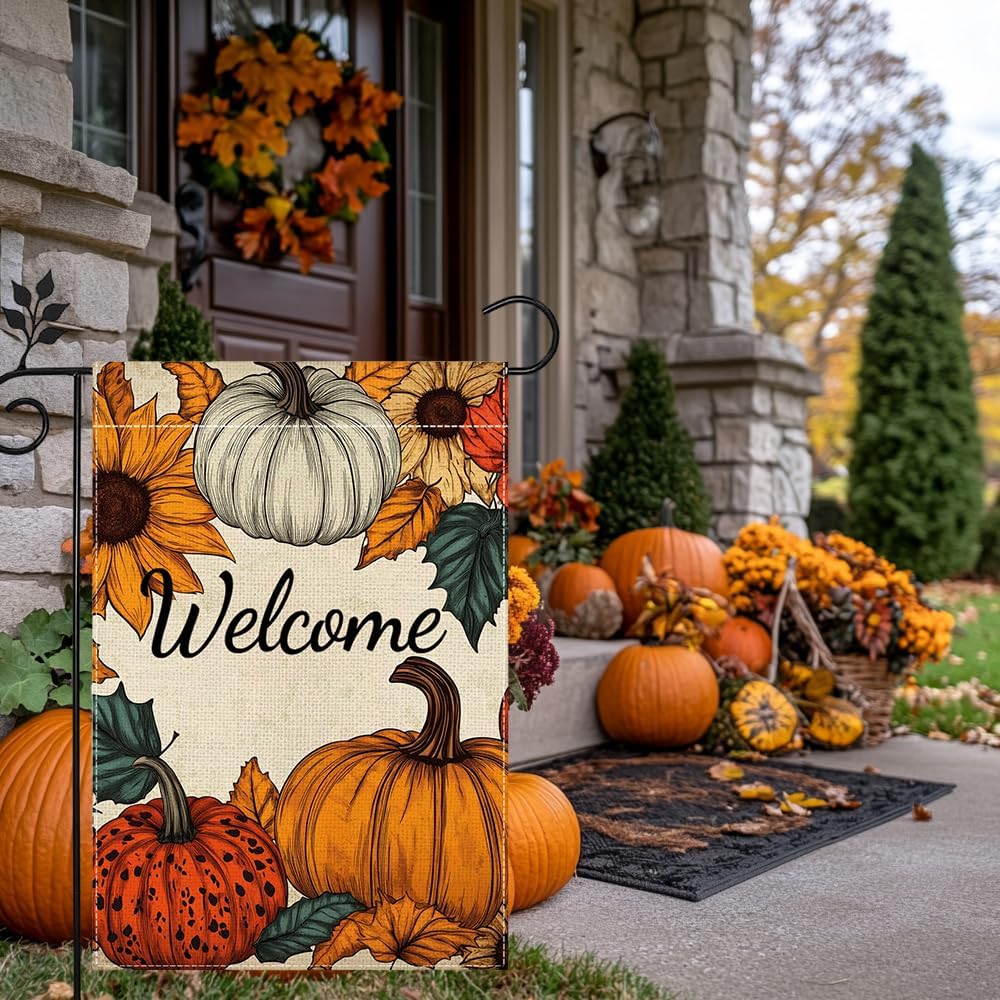 Fall Pumpkin Welcome Garden Flag for Outside 12x18 Inch Double Sided Burlap Autumn Thanksgiving Leaves Sunflower Flowers Farmhouse Holiday Rustic Outdoor Yard Flag Home Decorations - Image 6