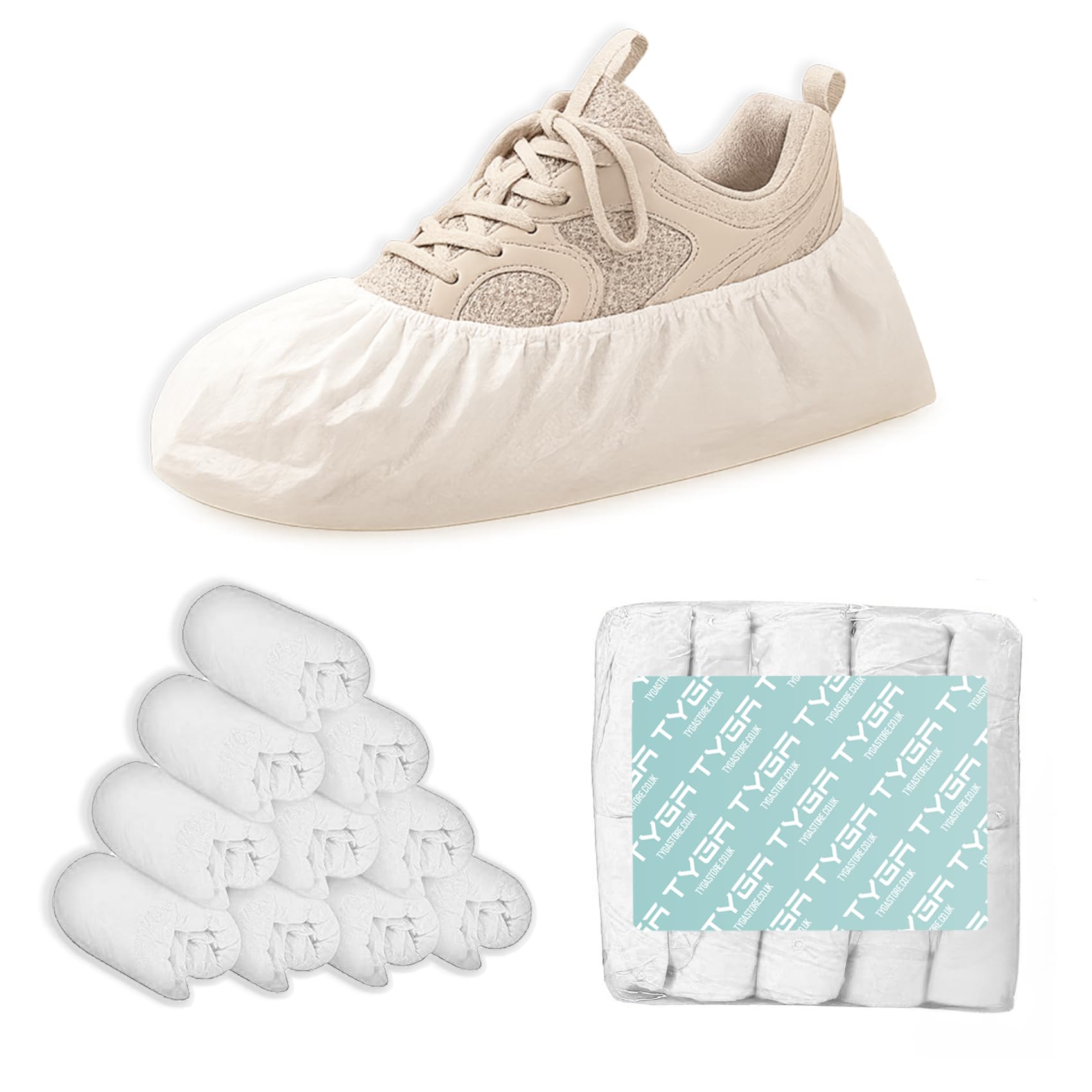 TYGA Lot de 100 couvre-chaussures imperméables en relief antidérapants pour protéger le sol, la moquette, le nettoyage, utilisation en intérieur/extérieur, blanc