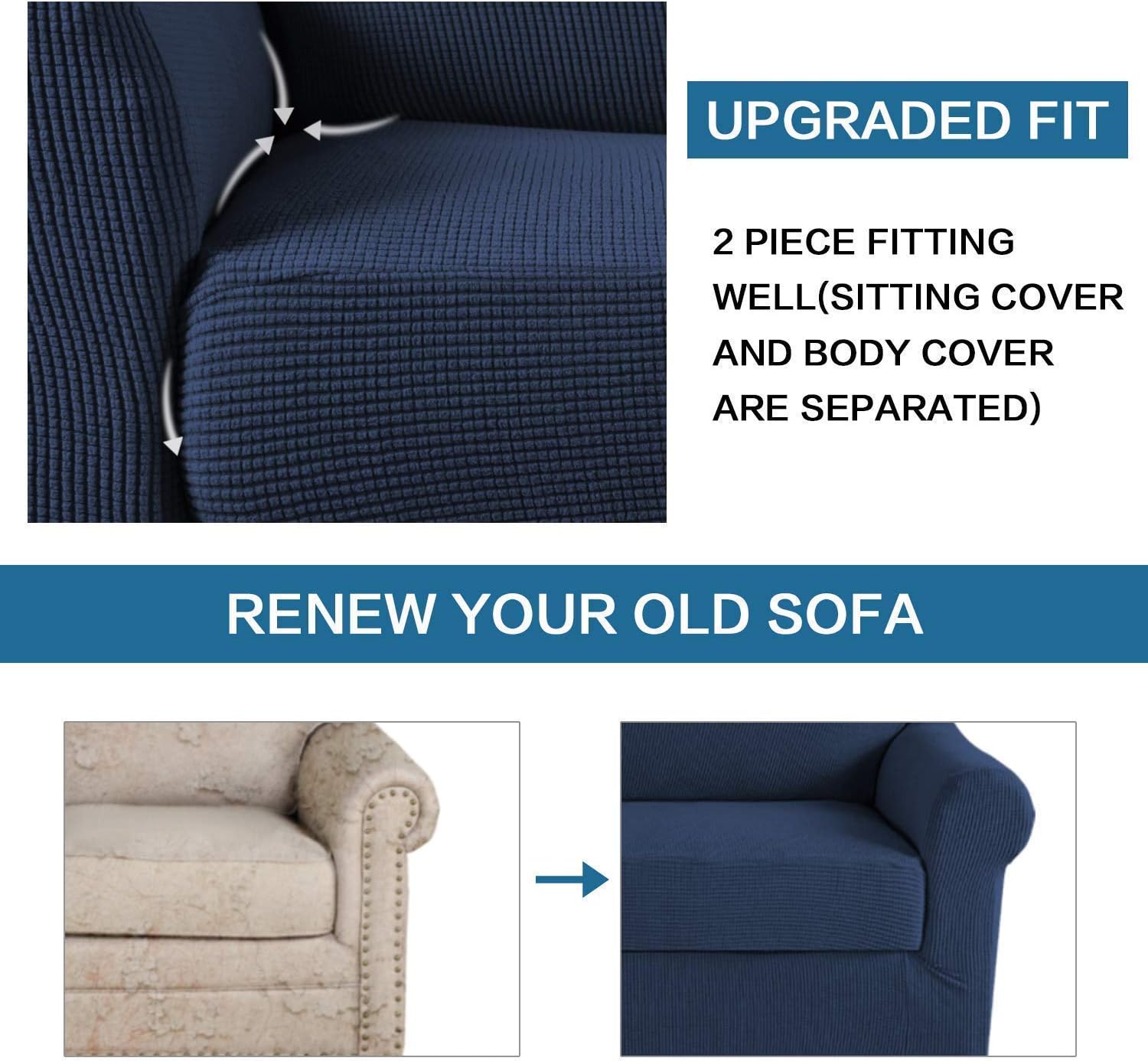 H.VERSAILTEX 2 Piece Sofa Cover for Armchair 32"-48" Bundle Square Ottoman Covers Ottoman Slipcovers, Navy