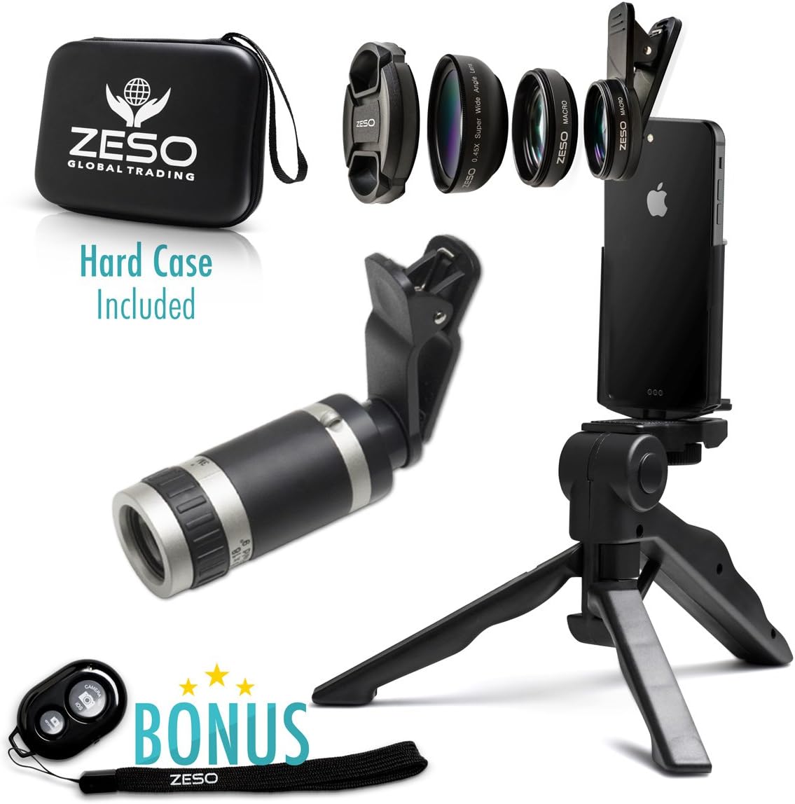 Camera Lens Kit by Zeso | Professional Telephoto, Macro & Wide Angle Lenses | Multi-use tripod And Selfie Remote Control | For iPhone, Samsung Galaxy, iPads, Tablets | Hard Case & Universal Phone Clip