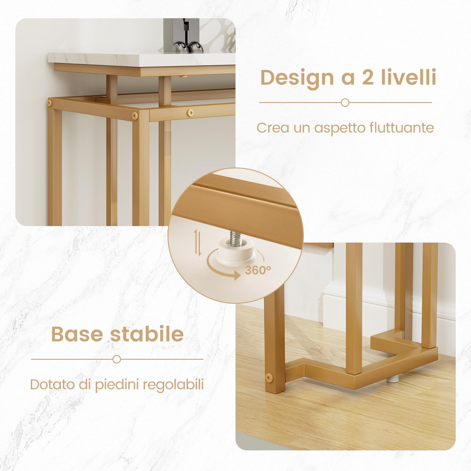 COSTWAY Tavolo Consolle 120 cm con Piano Effetto Marmo (Bianco e Oro)