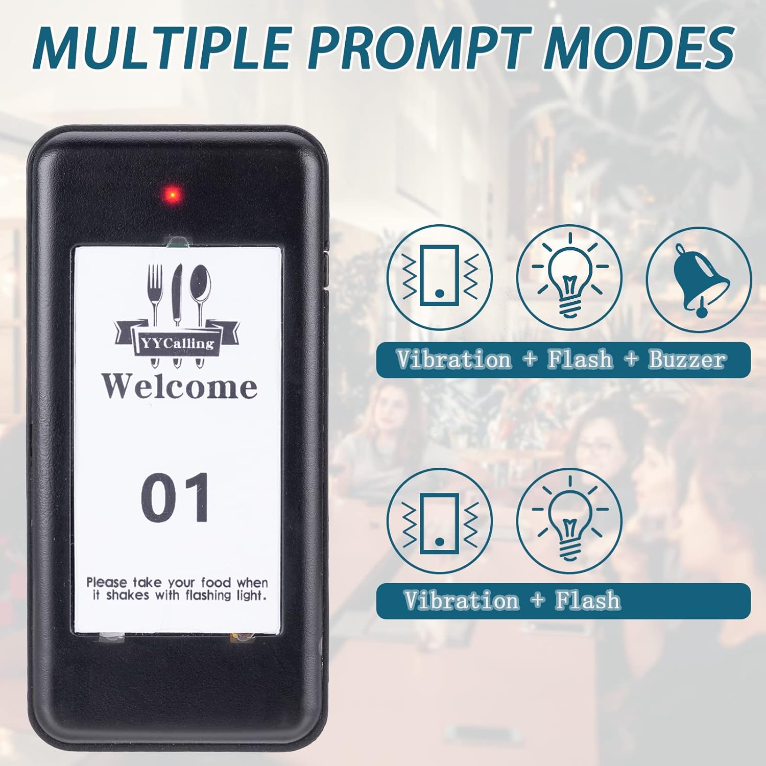 Image showing multiple prompt modes for the YYCALLING pager: Vibration + Flash + Buzzer and Vibration + Flash.
