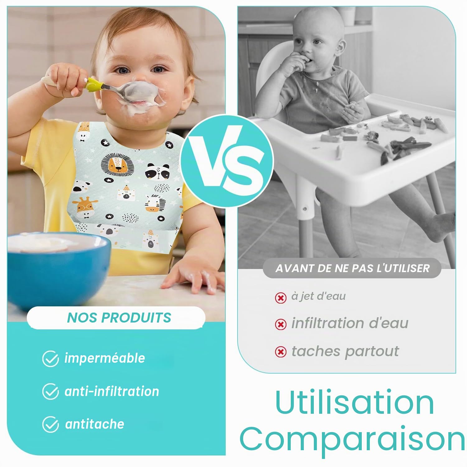LATRAT Lot de 40 bavoirs jetables pour bébé, imperméable, sevrage en tissu non tissé, réglable, poche ramassage pour maison voyage, de 0 à 3 ans