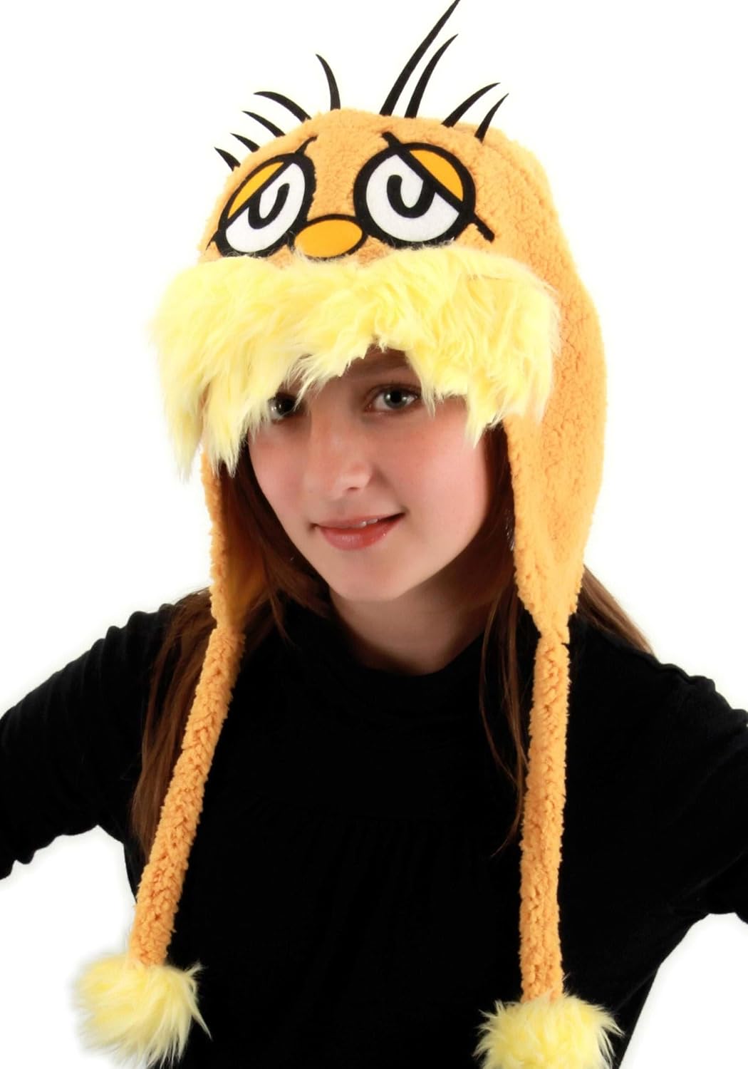 Dr. Seuss Lorax Costume Hoodie Hat for Adults & Kids - Polyester Shell with Faux Shearling Beard & Mustache