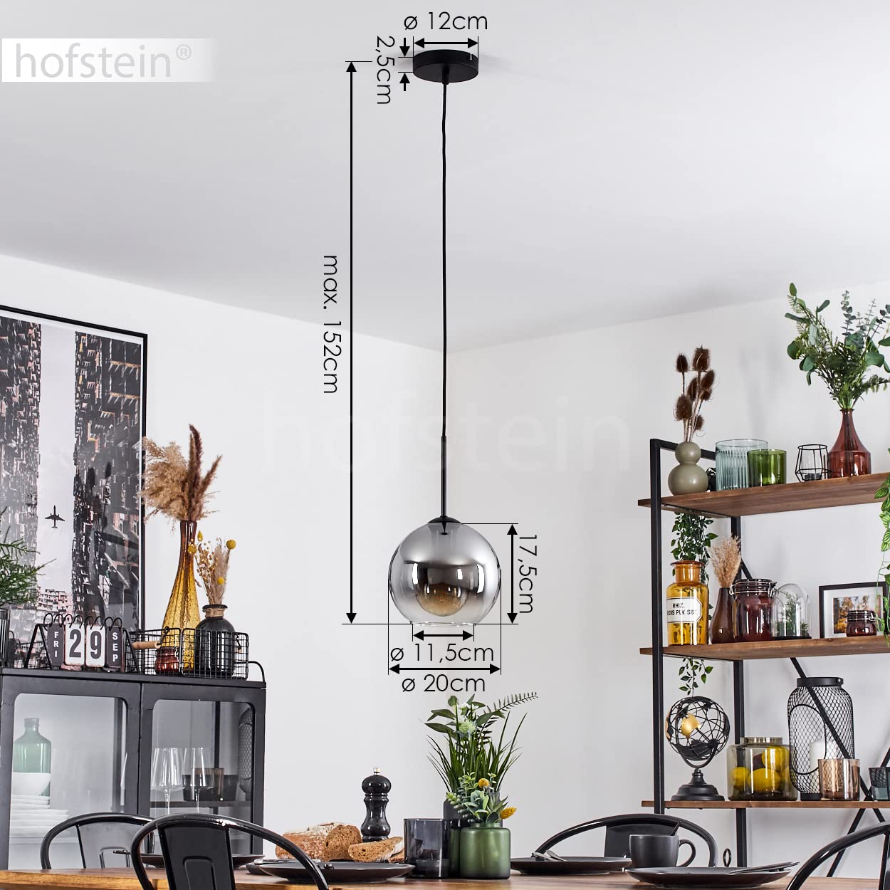 HOFSTEIN Hängeleuchte Koyoto, 1-flammige Hängelampe aus Metall/Glas in Schwarz/Rauchfarben/Klar, moderne Pendelleuchte im Retro/Vintage-Design, Ø 20 cm, E27, Esszimmer, Küche, Wohnzimmer