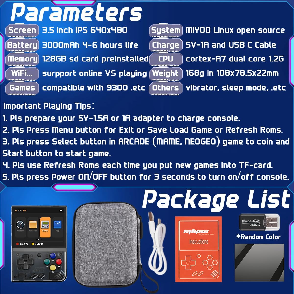 Miyoo Mini Plus 3.5 inch Handheld Game Console with Portable Case Transparent Black 128GB