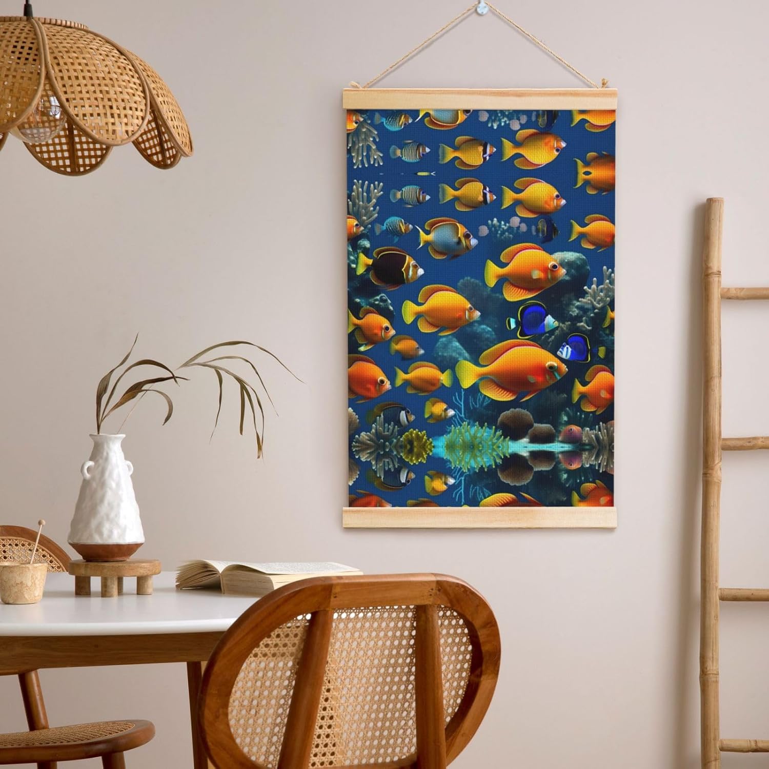 The Underwater World Tropical Fish Print Poster Hanger,Hanging Poster, Poster Frame,Wood Poster Hanger, For Wall Hanging