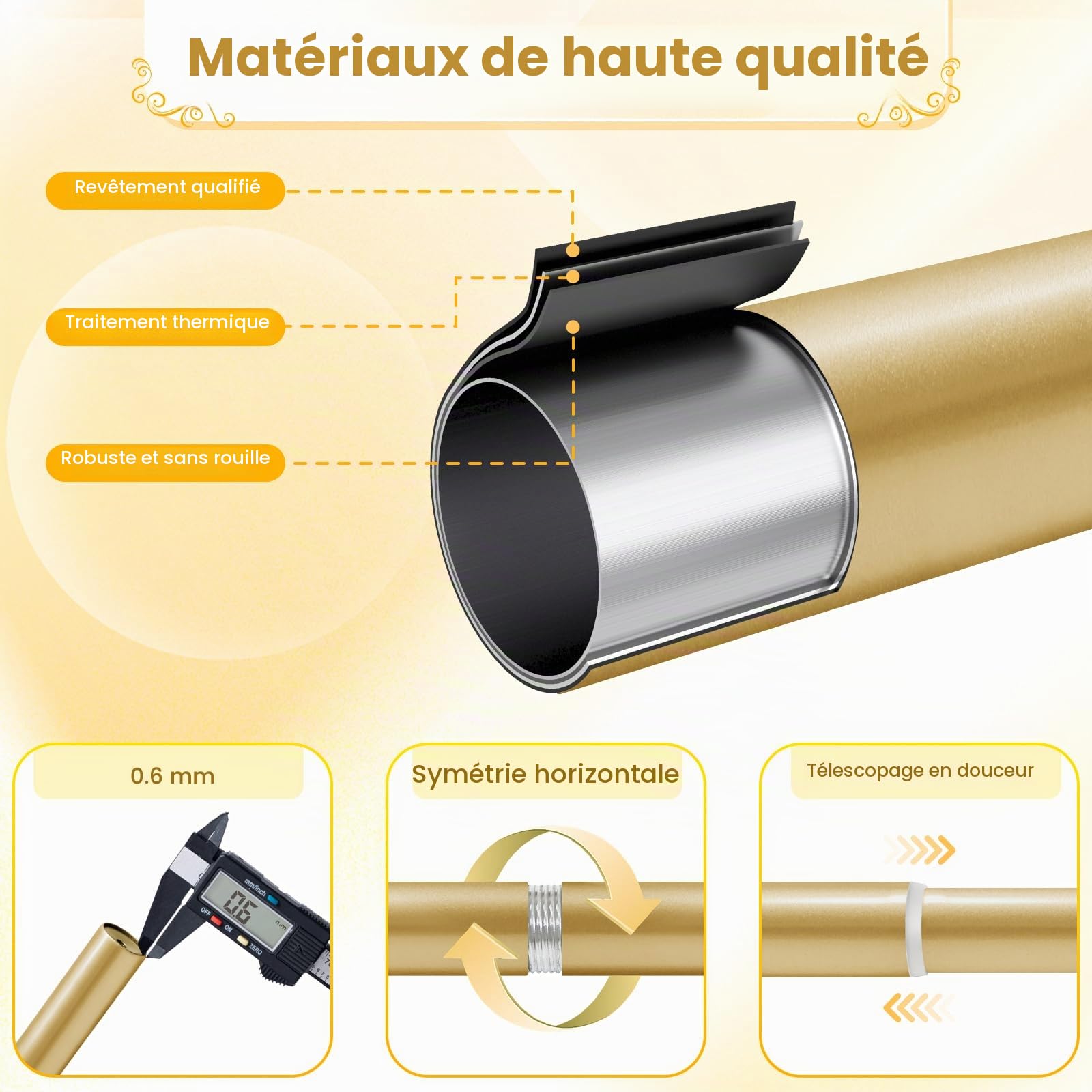 Tringle à rideaux double de 2,5 cm - Doré - 122 à 213 cm - Très résistante - Décoration pour fenêtres avec petit embout