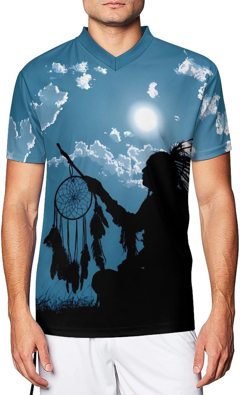 Native Indian Tribal Culture Luck Dreamcatcher1 Funny Football Jerseys Casual V-Neck Short Sleeve Soccer Jersey T-Shirt