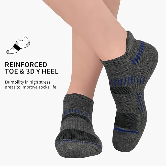 COOPLUS Men's Ankle Socks with Reinforced Toe and 3D Y Heel for enhanced durability in stress areas, extending sock life.