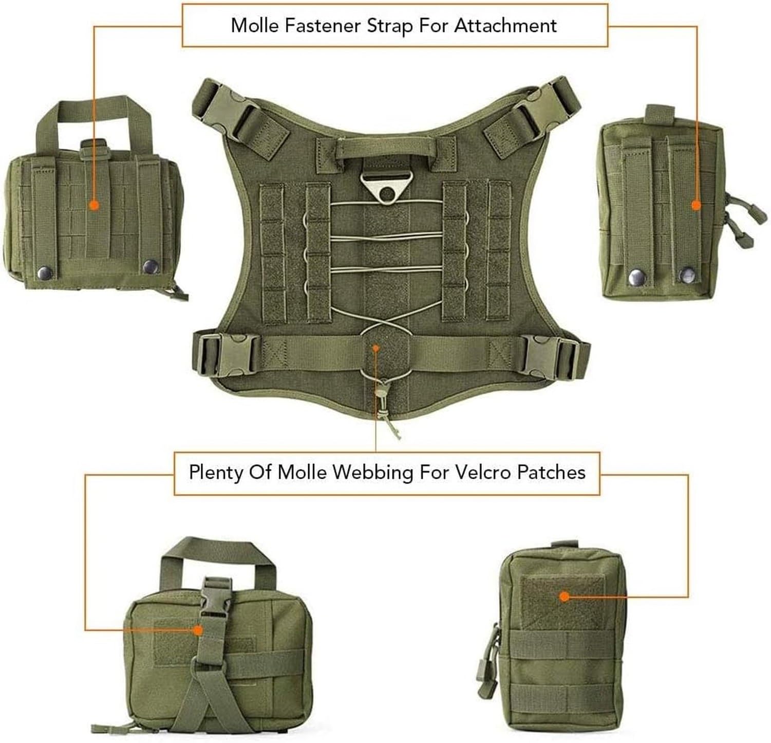 Harnais de Chien Tactique Molle pour Chien Moyen et Grand Chien de Travail ou Service, Gilet Anti-Traction sans étirement pour randonnée entraînement, Sac à Dos, Green, L