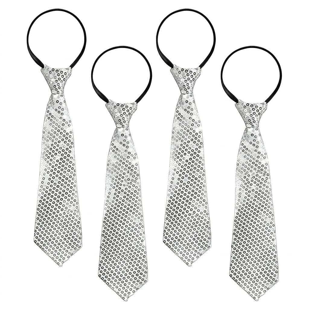 Juego de 4 corbatas de lentejuelas con purpurina, preatada con banda elástica, color negro y gris, accesorios de disfraz para hombre y mujer, ideal para carnaval, discoteca, fiesta, despedida