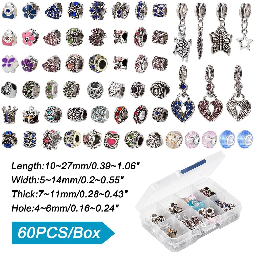 PH PandaHall 60 Styles Large Hole European Lampwork Beads Murano Glass Beads Rhinestone Spacers Metal Dangle Pendant Charms for Snake Chain Bracelet Bangle Necklace, 60pcs - Image 2