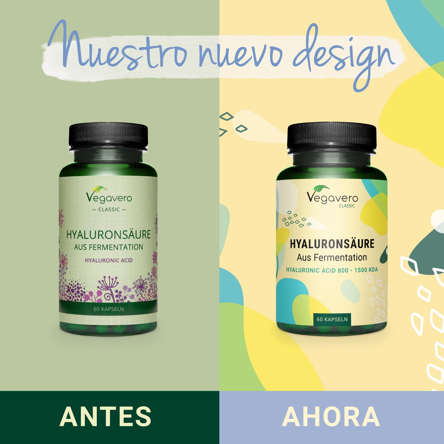 Ácido Hialurónico Puro Vegavero® | La Dosis más Alta: 600 mg | Libre de Aditivos & Vegano | 60 Cápsulas | Natural de Fermentación | 800-1500 kDa | Hidratante facial + Articulaciones…