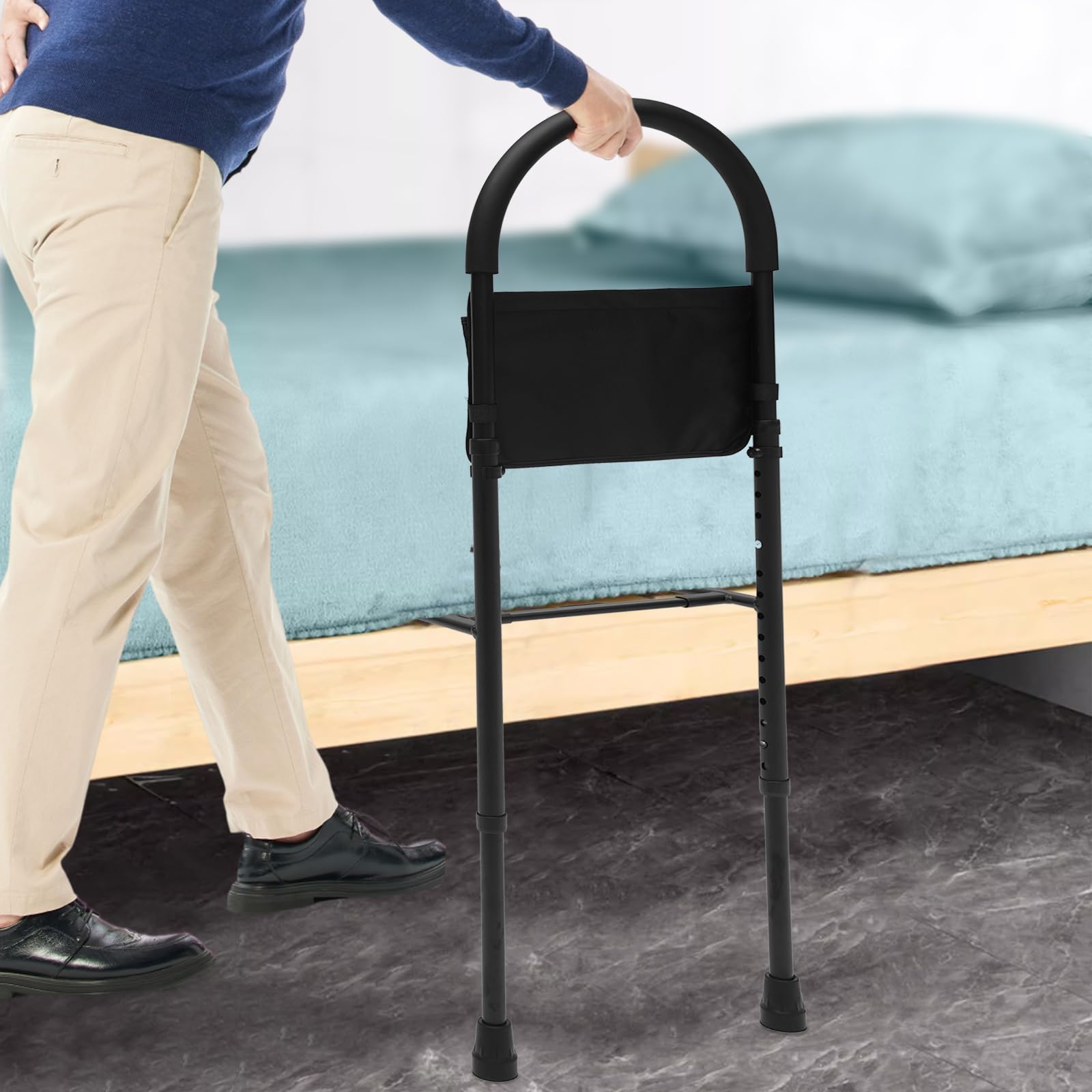 Barandilla de cama 2 en 1, barandillas de cama para adultos mayores, barandilla de cama de seguridad de altura ajustable, barra de pasamanos de asistencia segura con bolsa de almacenamiento, capacid
