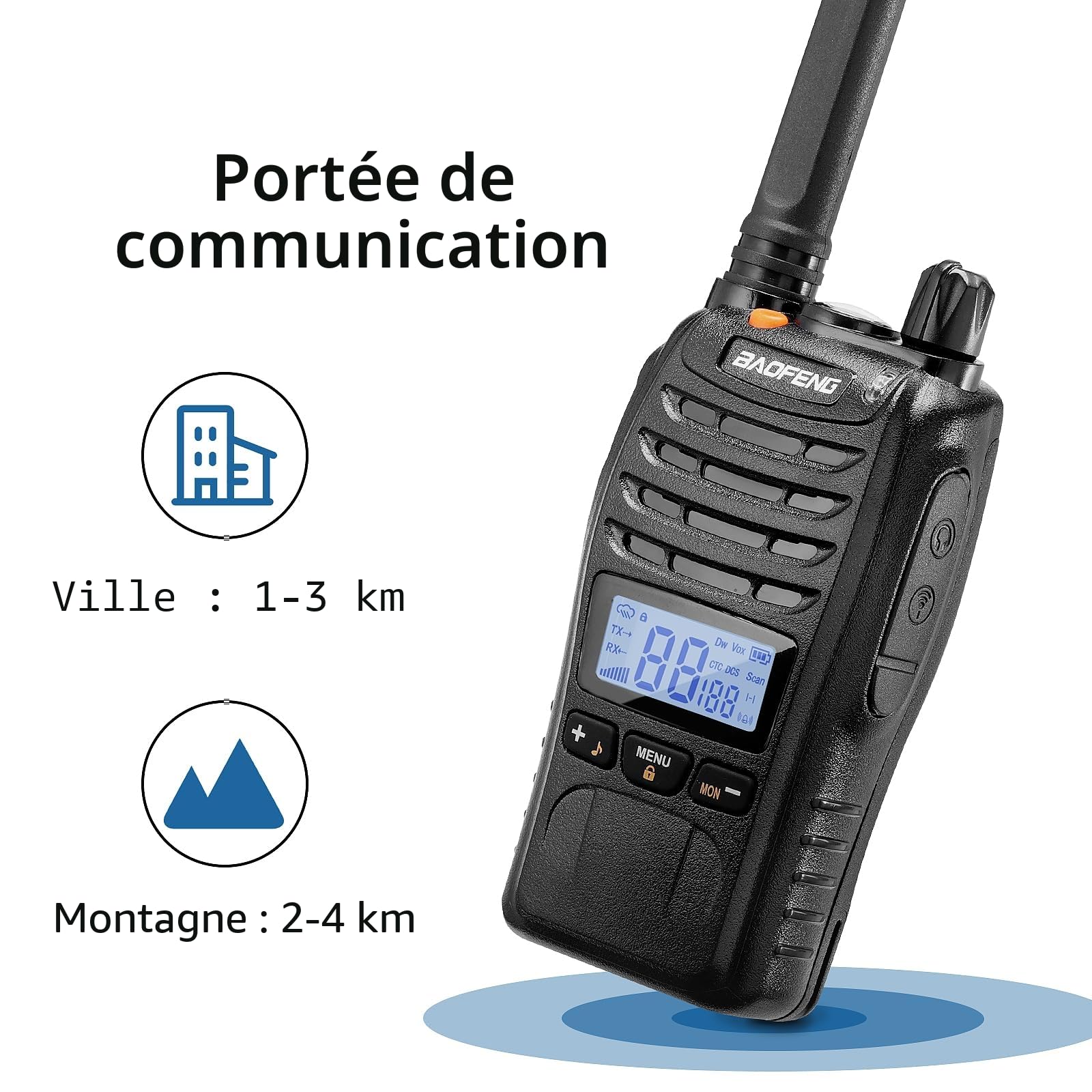 BAOFENG BF-88ST Pro PMR446 Talkie Walkie Rechargeable sans Licence avec Grande Portée, écran LCD, Double Montre VOX, Chargeur USB de Bureau et écouteurs pour Le Camping en Plein air, 4PCS