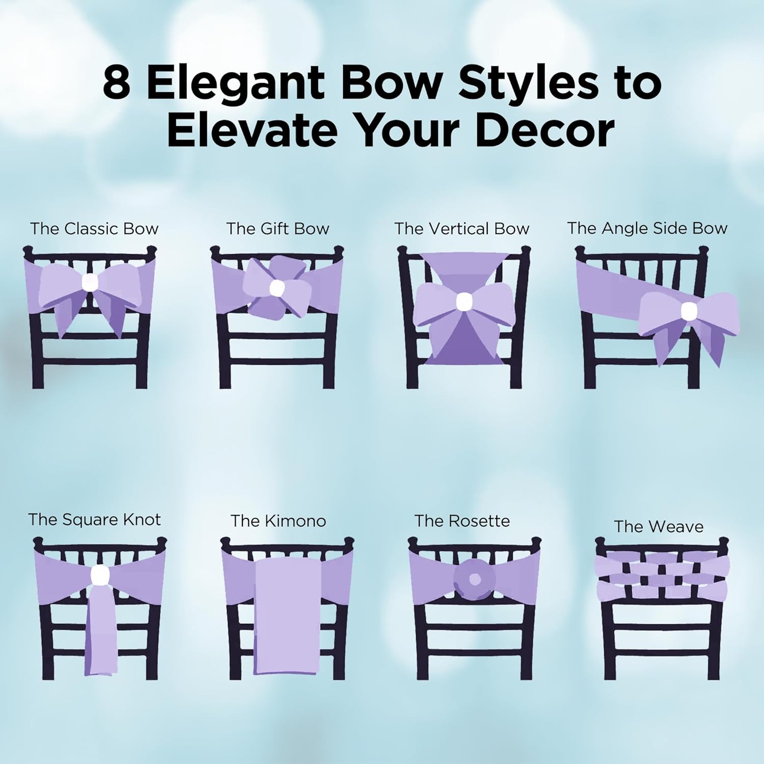 Satin Bow Sash Chair Cover Decoration - Elegant Sashes for Weddings, Banquets, Receptions, Special Events, Restaurants, and Parties - 28 Available Color Choices, Set of 200, Lavender