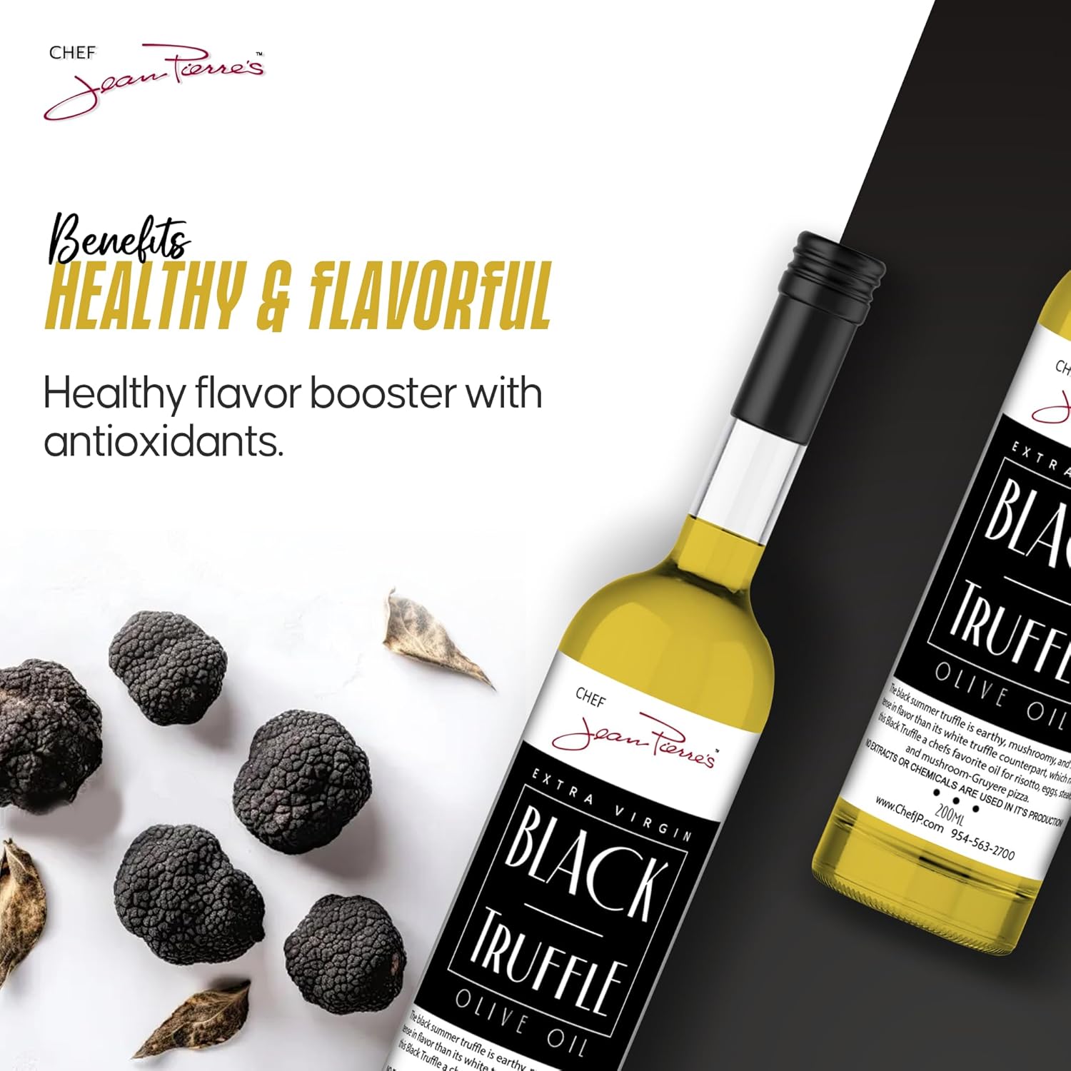 Chef Jean Pierre's Black Truffle Olive Oil - Naturally Infused, 200ml (7oz) Glass Bottle - Elevate Your Dishes with a Burst of Flavorful Sophistication