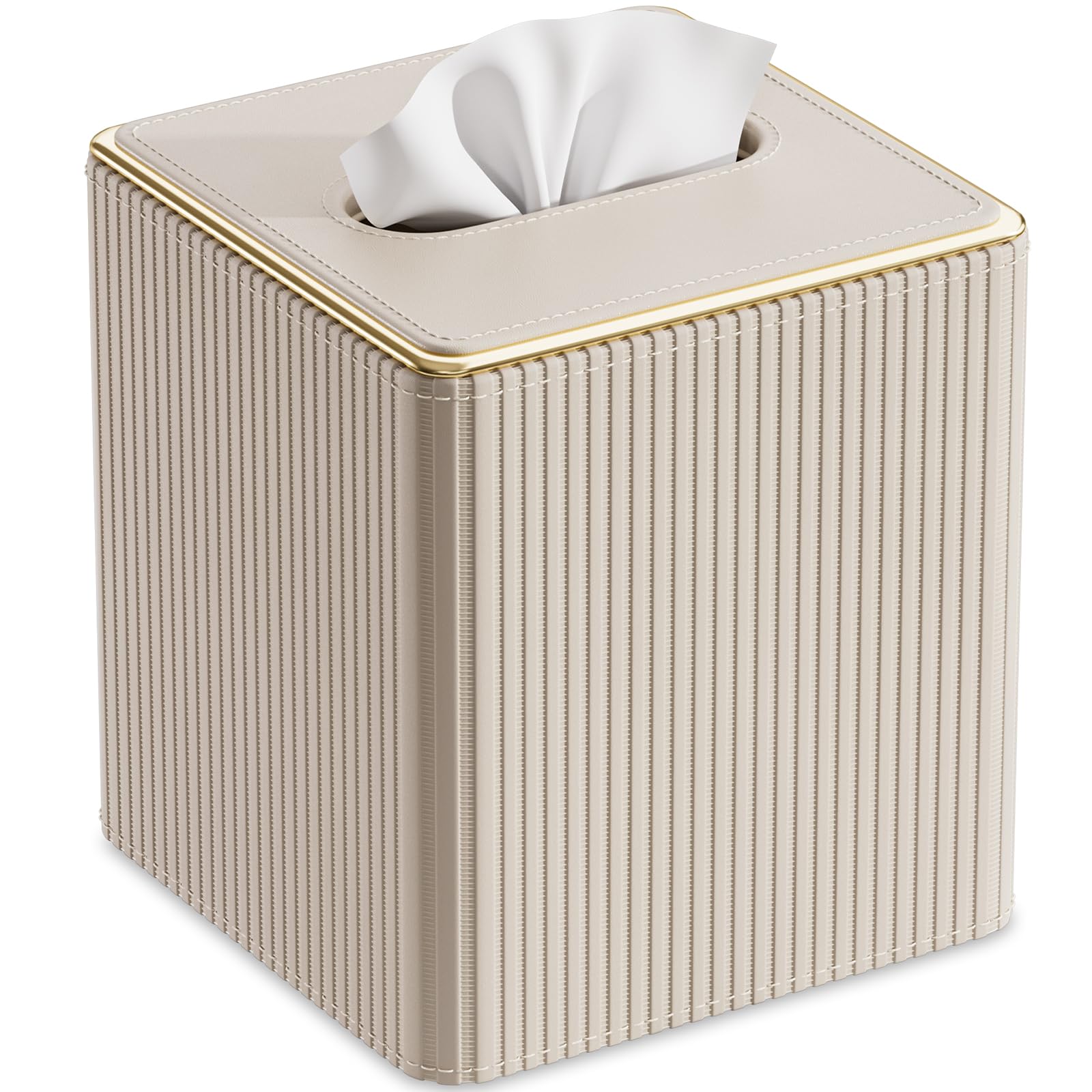 GORESE Tissue Box Cover Square for Kleenexs PU Leather Tissue Box Holder with Gold-Tone Edging Decorative Tissue Cover
