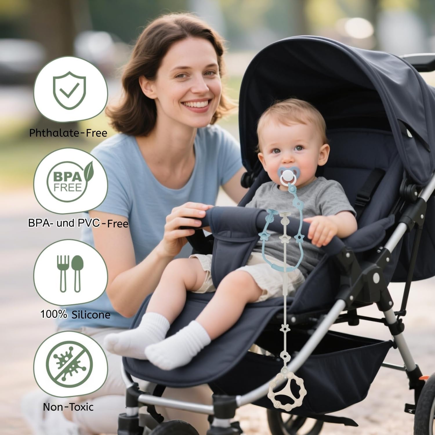 Ahamo 2-Pack Silicone Pacifier Clip & Holder Chain for Baby | Secure Anti-Lost Straps with Strong Clasp for Pacifiers, Teethers, Toys (Dyst Lilac & Sage Green) - Image 3 thumbnail