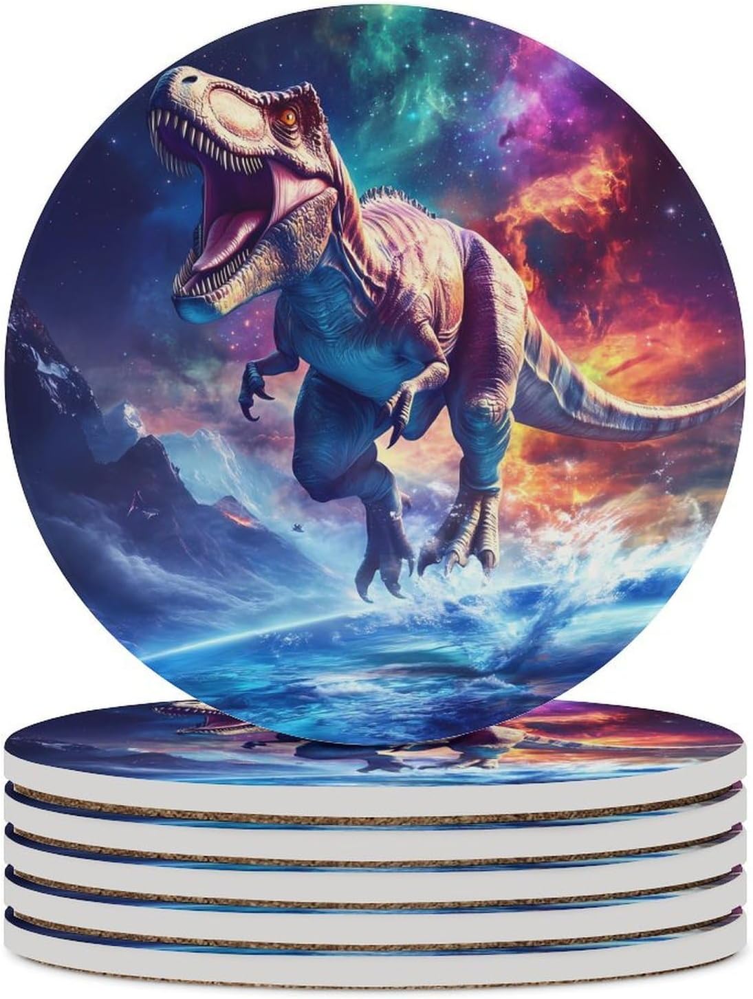 Dinosaurs Galaxy Funny Round Ceramic Coasters for Drink Absorbent Cup Holders Tabletop Protection