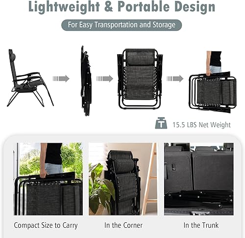 Miniatura 8 de Tangkula Juego de 2 sillas de gravedad cero, sillas plegables para patio, reclinables ajustables al aire libre con soporte para tazas, reposabrazos