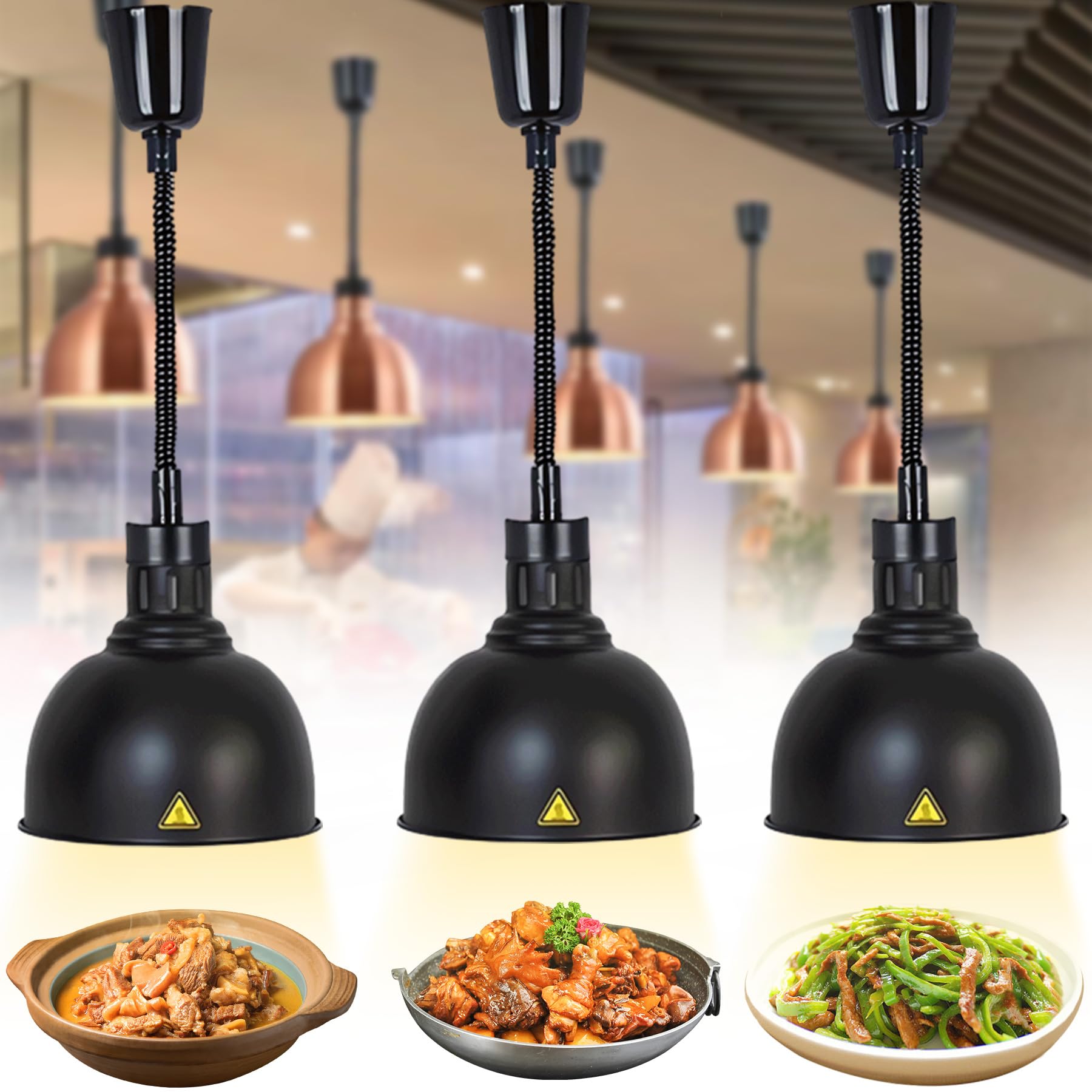 Lampe Chauffante de Cuisine Professionnelle, 250W Lampe Chauffe Plat Buffet Suspendue, Lampe de Chauffante Commercial pour Hôtels, Buffets et Pizza, Hauteur Réglable 60-180cm