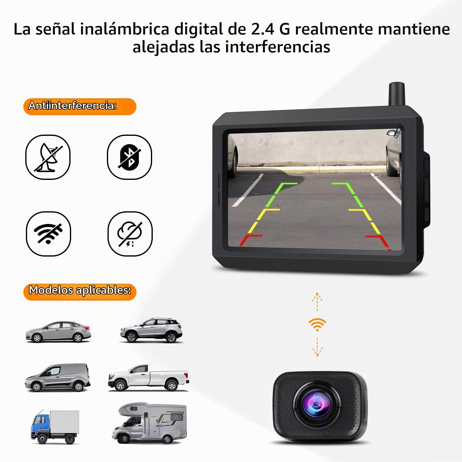 Camara Marcha Atrás Inalámbrica Digital Compatible con 2 Cámaras, Cámara Trasera de Señal Estable, Monitor HD de 5 Pulgadas, Cámara de Coche Impermeable IP68, Visión Nocturna