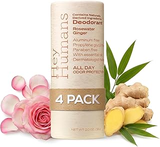 Hey Humans Deodorant, Aluminum Free Deodorant for Women and Men, Contains Naturally Derived Ingredients, All Day Odor Control, Refreshing Essential Oils, Earth Friendly Package, Rosewater Ginger