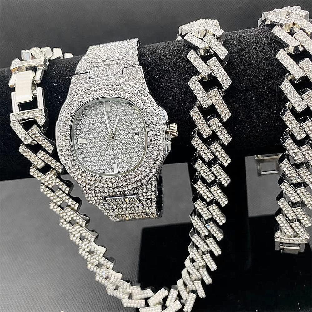 Watch Necklace Bracelet for Men 3pcs/set Luxury Iced Out Watch Men Bling Cuban Link Chains Hip Hop Gold Jewelry Mens Watches Relojes Birthday Gift (MANT SILVER 3PC)