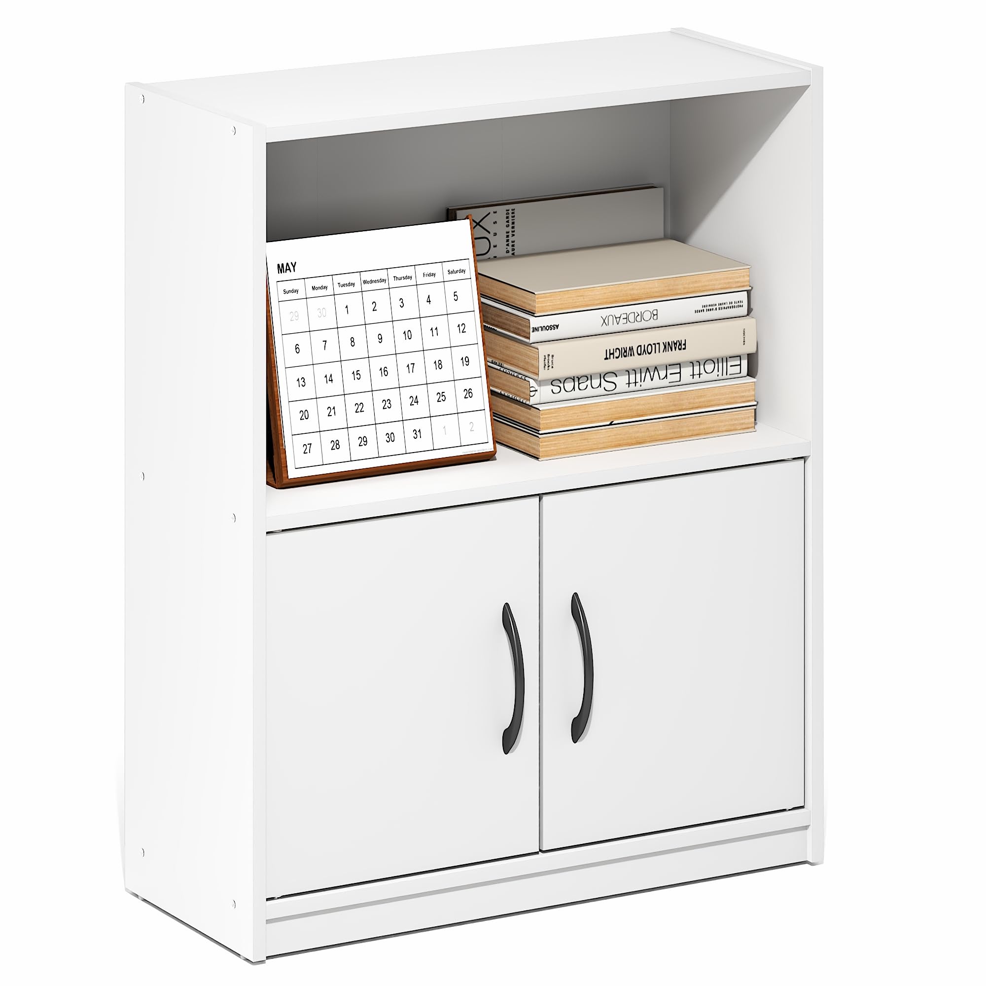 Furinno Gruen Book Shelf, 2-Tier Small Bookshelf, Bookcase with Open Shelf and Doors Storage Cabinet, 9.3 x 21.8 x 27, for Organization and Storage, for Living Room, Bedroom, Home Office, White