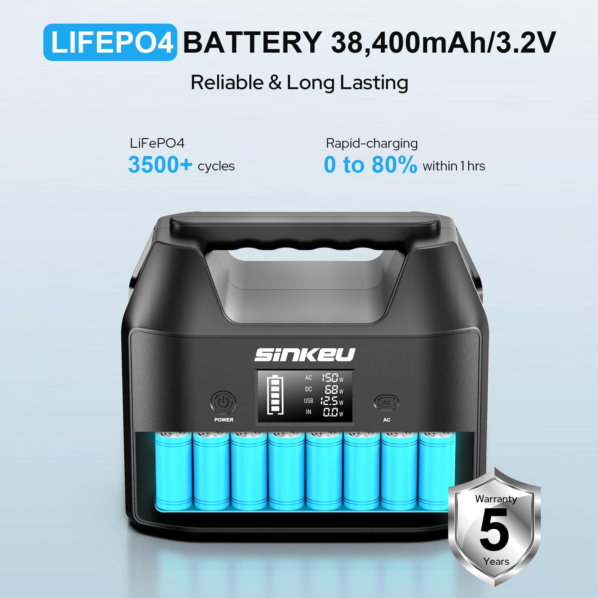 Estación de energía portátil de 122.8 Wh, banco de energía de 150 W con salida de CA | SinKeu LiFePO4 - Generador solar de batería para uso doméstico, camping, RV, respaldo de emergencia