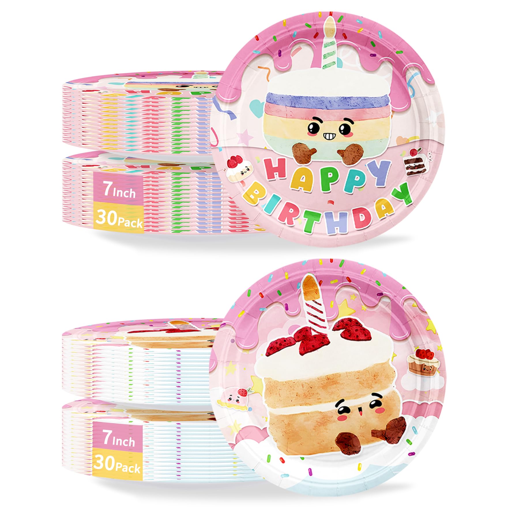 Newleafly 60 Pcs Pink Happy Birthday Plates, 7'' Birthday Paper Plates, Disposable Party Dessert Plate for Party Supplies And Decorations Serves 60