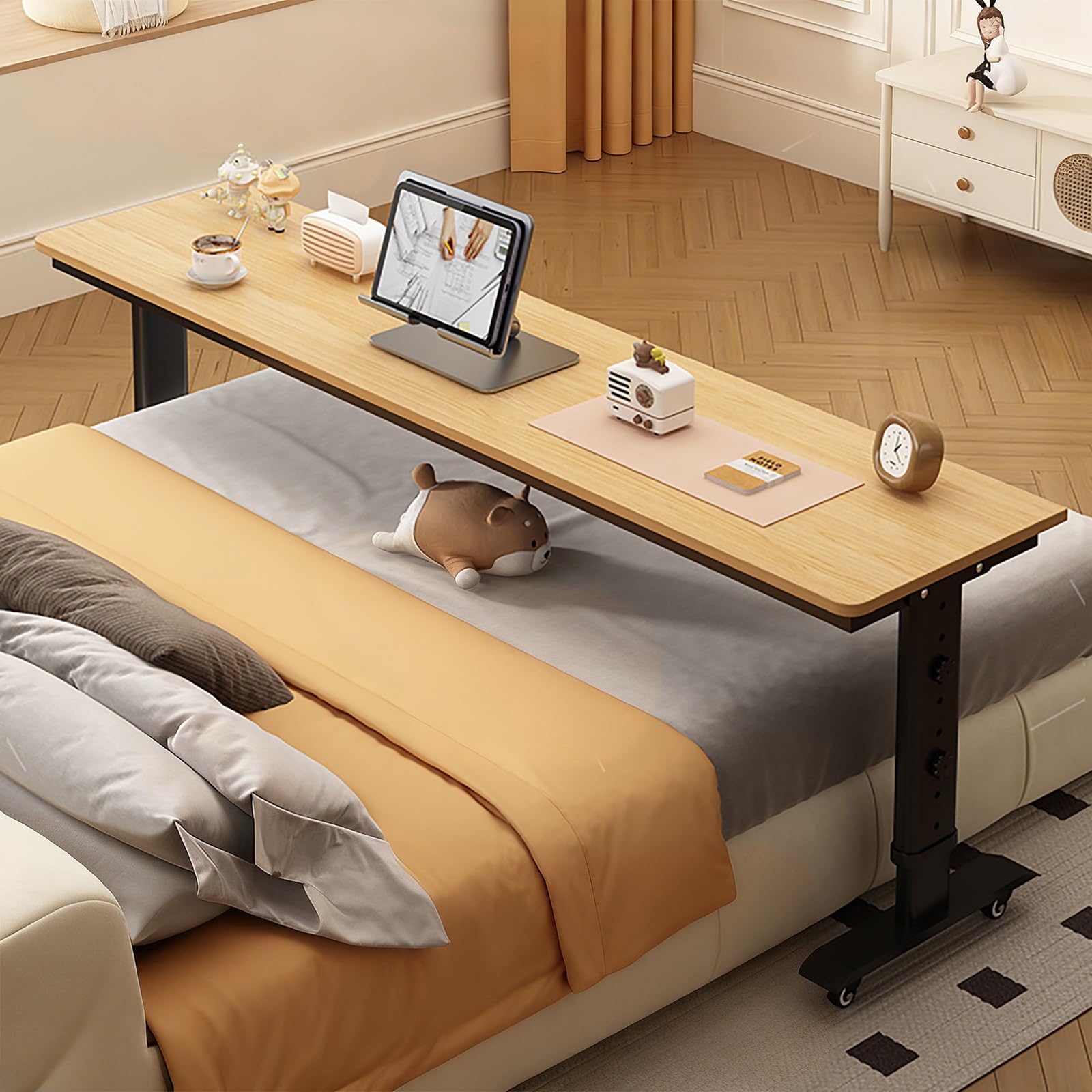 Table de lit réglable pour ordinateur portable et repas sur roulettes