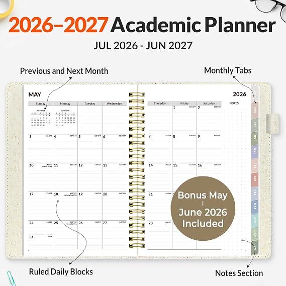 SUNEE 2026-2027 Weekly & Monthly Planner 6.4x8.5 - 12 Month (July 2026 - June 2027), Vegan Leather Cover Planner Academic Year Calendar, Pocket, Notes, Monthly Tab, Beige