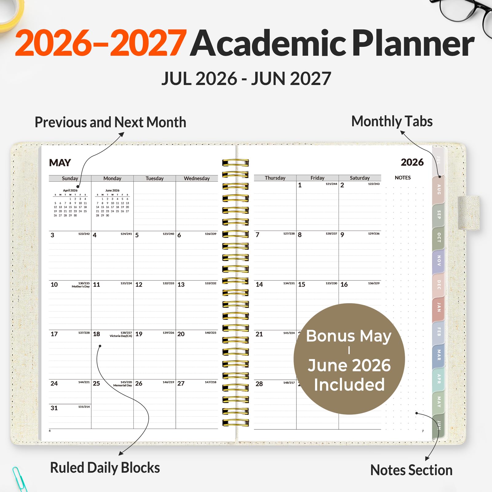 SUNEE Agenda settimanale e mensile 2024-2025 con copertina rigida, 16,3 x 21,6 cm, 12 mesi (luglio 2024 - giugno 2025), copertina in lino, calendario accademico, tasca, appunti, tabulazione mensile,