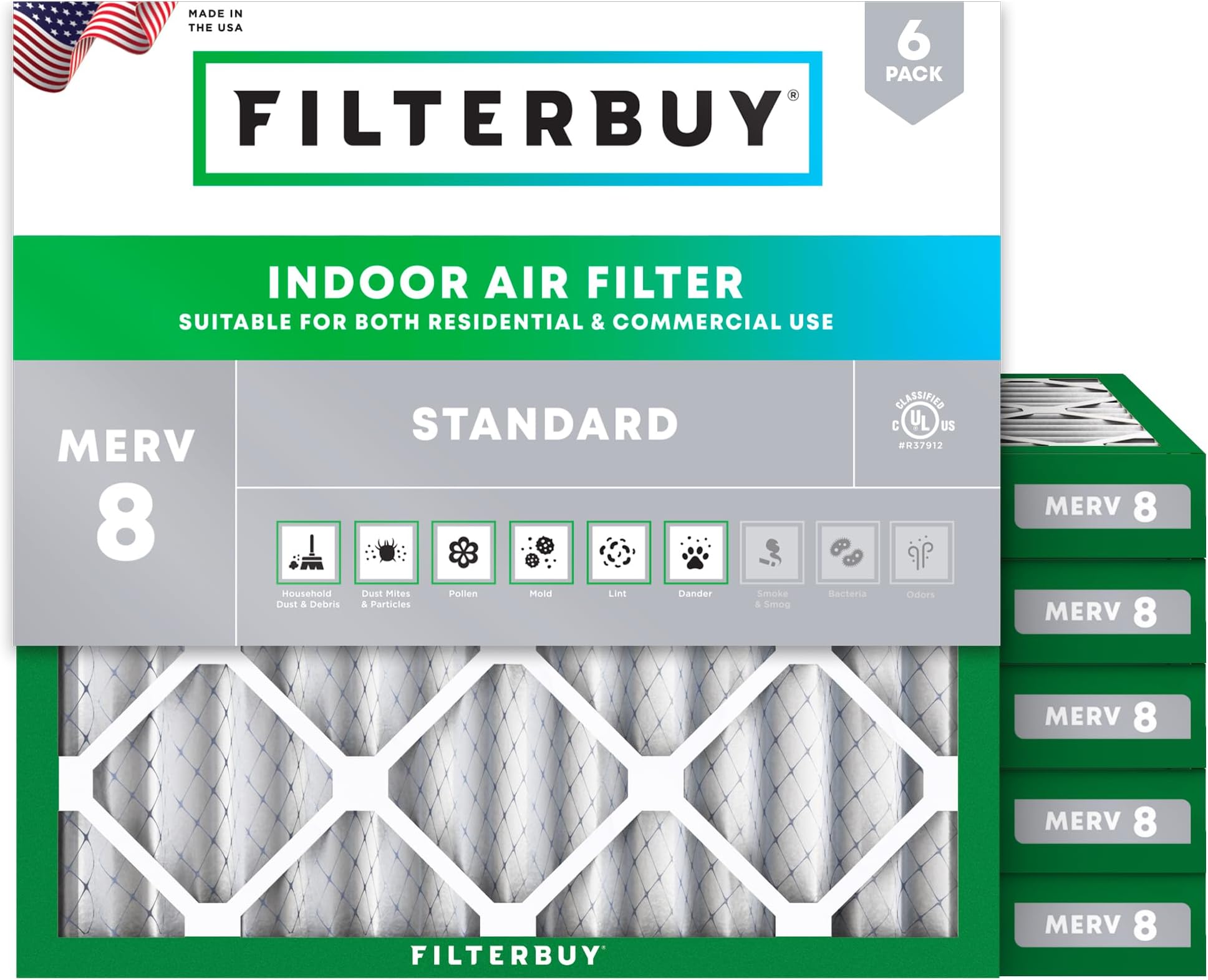 Filterbuy 25x25x2 Air Filter MERV 8 Dust Defense (6-Pack), Pleated HVAC AC Furnace Air Filters Replacement (Actual Size: 24.50 x 24.50 x 1.75 Inches)