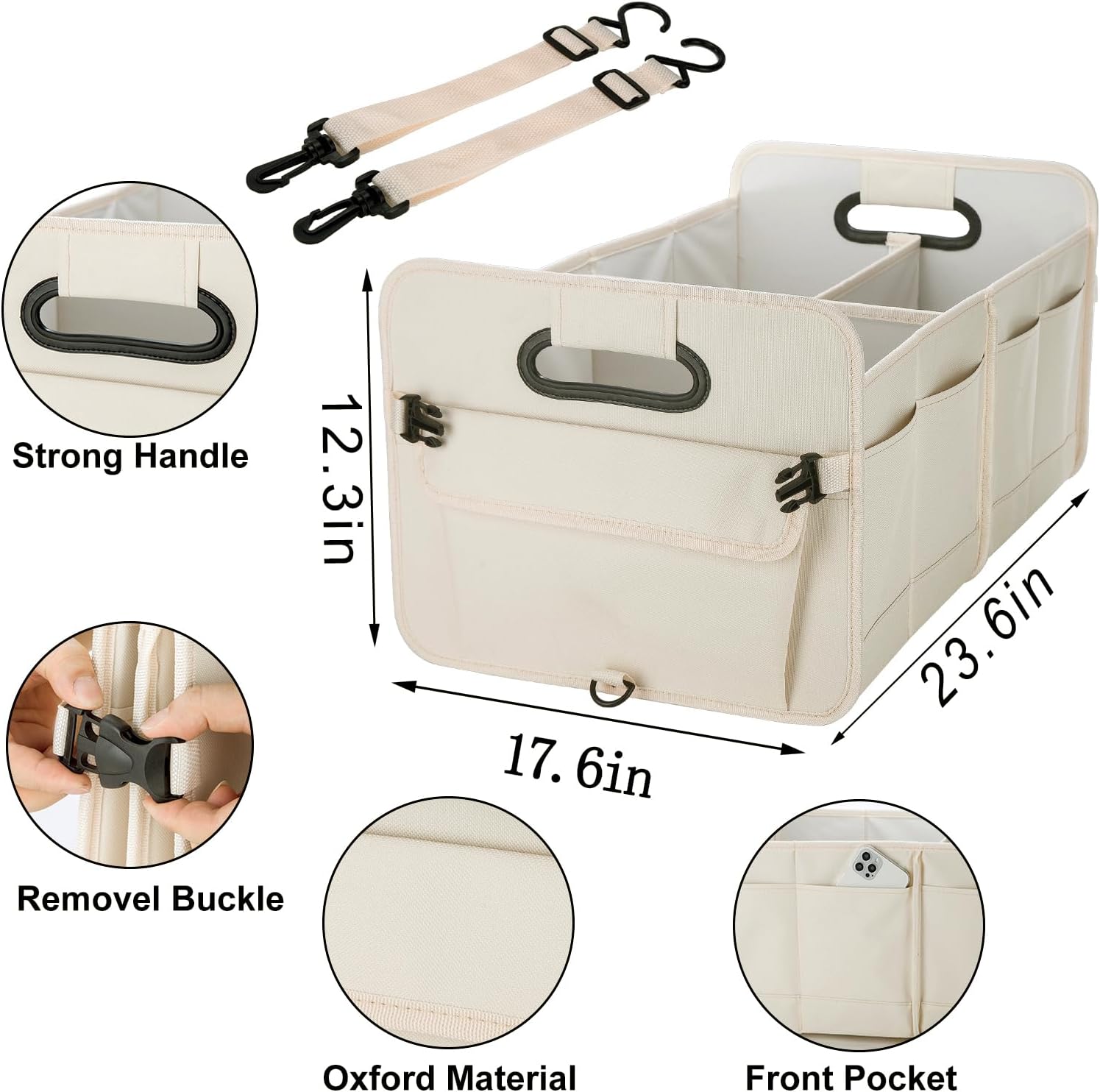 titiyiof Trunk Organizer For Suv & Sedan,Car Organizers and Storage, Waterproof Collapsible & Adjustable Straps,Sturdy Car Organization for Car Accessories, Tools,Food，Sundries,2-3 Compartment（Beige）
