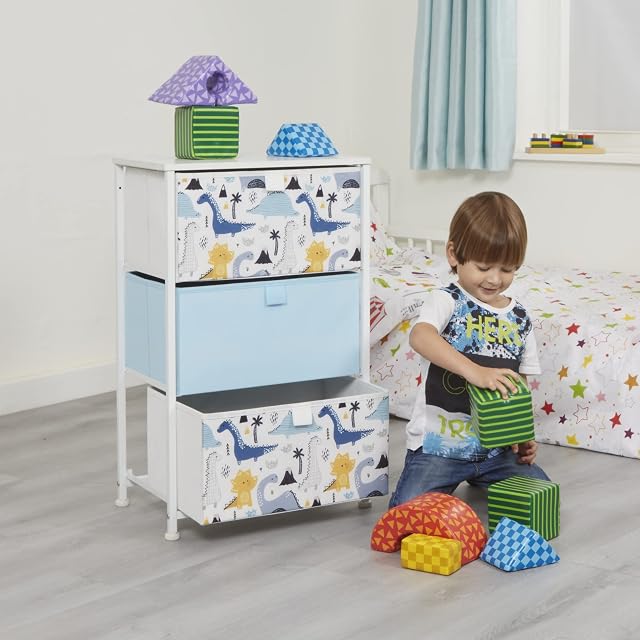 Liberty House Toys Kids Dinosaur Chest of Drawers - Furniture Storage Chest for Kids, Bedroom, Nursery, Playroom, Clothes, Toy Storage - Steel Frame, Wood Top, 3 Fabric Bins, Dinosaur Storage