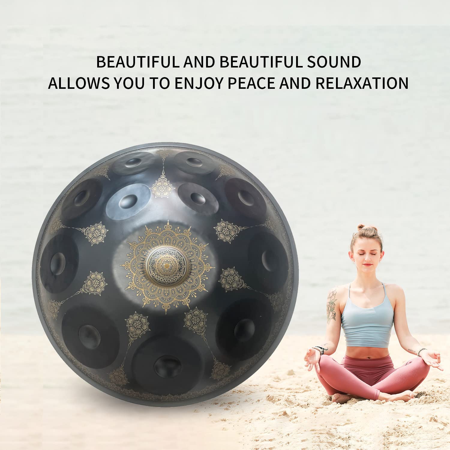 12 Noten 22 Zoll Handpan, d-Moll 432 Hz Stahl Trommel Percussion Instrument, Mandala Musical Performance Handmade Healing Musikinstrument Geschenk Schwarz
