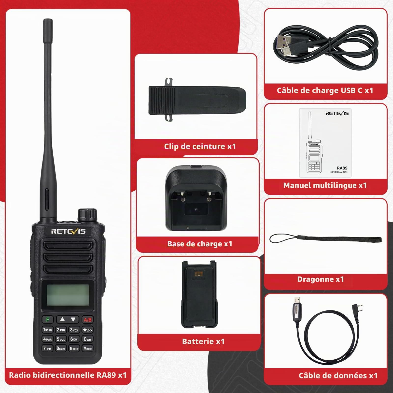 Retevis RA89 Bi-Bande Radio Amateur, Talkie Walkie Chasse Rechargeable | VFO, IP68, Radio Longue Distance avec Batterie 2500mAh, Type-C,Facile à Coupler pour Tout-Terrain, Chasse