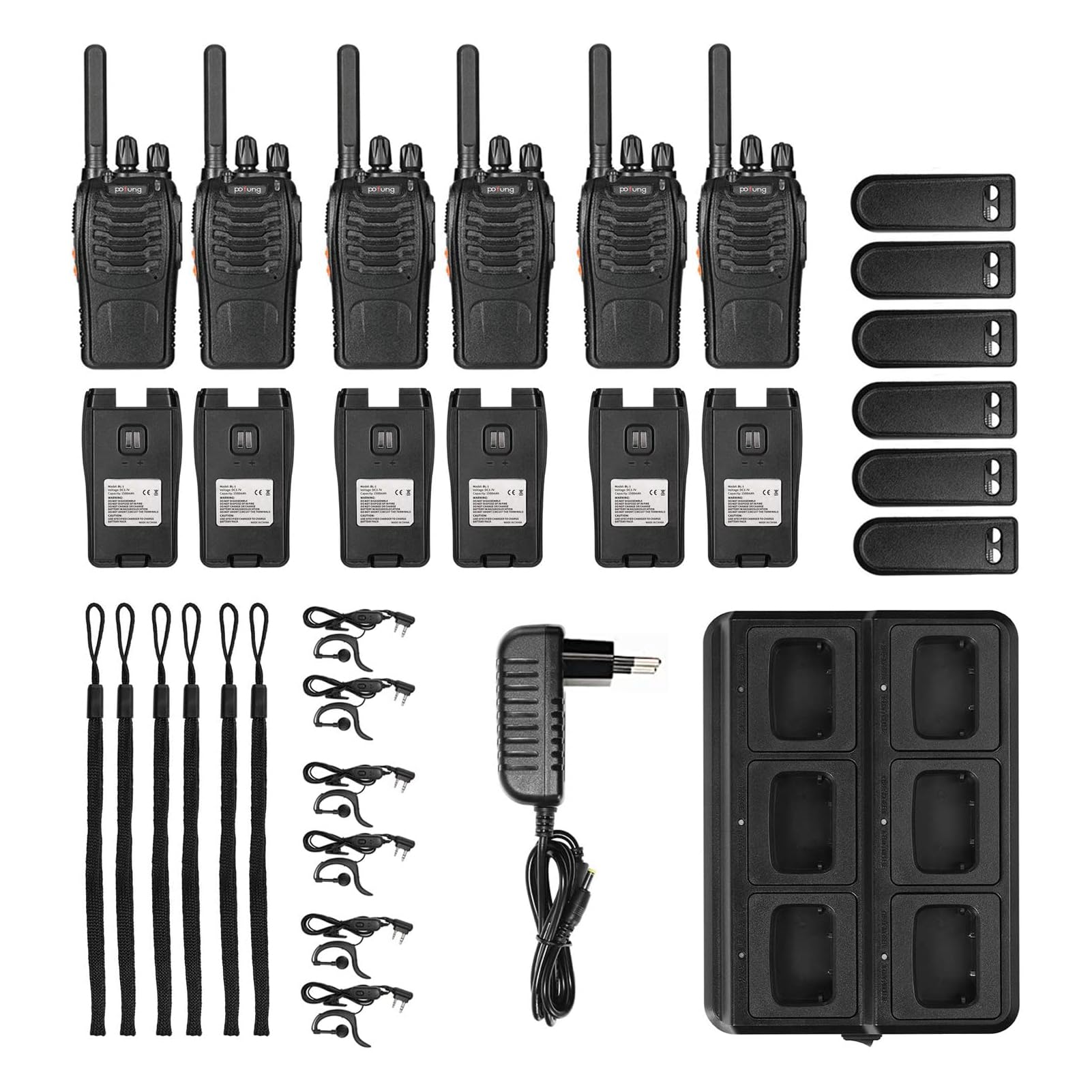 Walkie Talkies PMR446 Funkgeräte Set, pofung PT88E Lizenzfrei Funkgerät 6er | 16 Kanäle Handfunkgerät Eingebauter LED Taschenlampe Walki Talki Wiederaufladbare 6-Wege-Ladegerät Base Headset Lager Schwarz