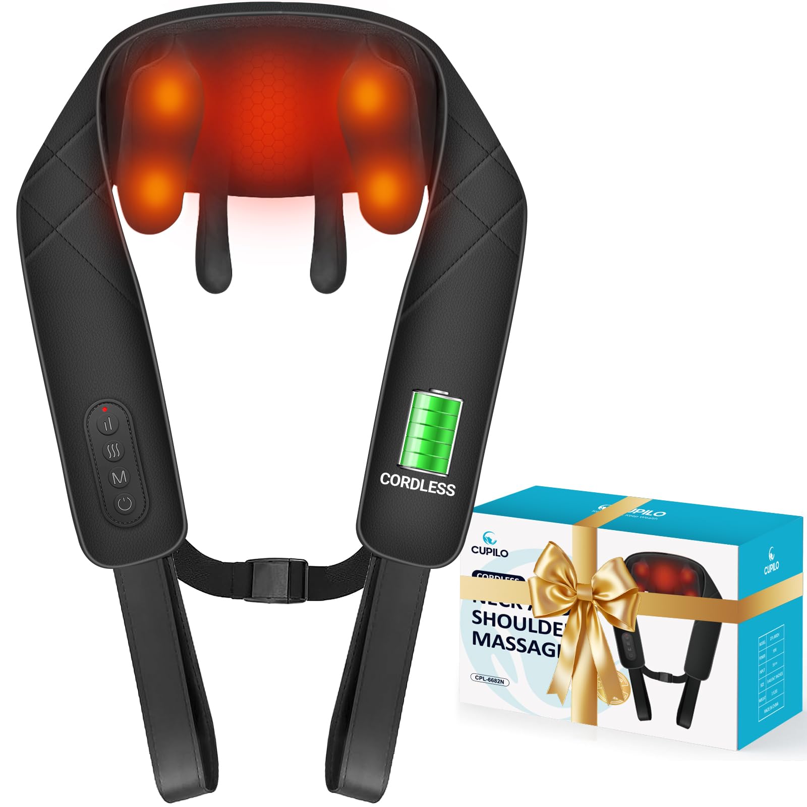 CuPiLo Kabelloses Shiatsu-Nackenmassagegerät mit Wärme, Freihändig Tragbar | 4D Shiatsu-Tiefenmassage wie echte Hände, 5-Zonen-Wärme, 3 Modi, 3 Intensitäten, Auto-Off, Ideal als Geschenk
