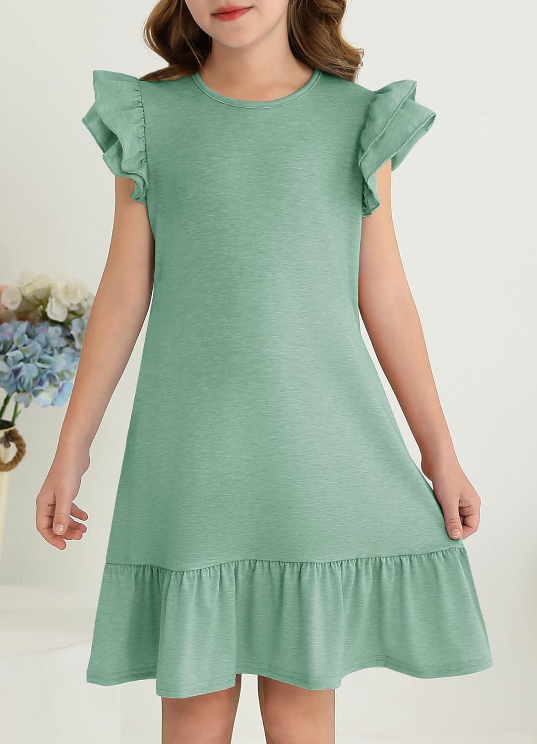 YOVION Girls Summer Dresses Boho Ruffle Sleeve Tiered Swing Casual Dress with Pockets for 6-12 Y - Image 2