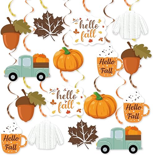 20 decoraciones colgantes de fiesta de otoño, decoraciones de fiesta de otoño de Hello Fall, recortes de camión de hojas de calabaza, adornos de