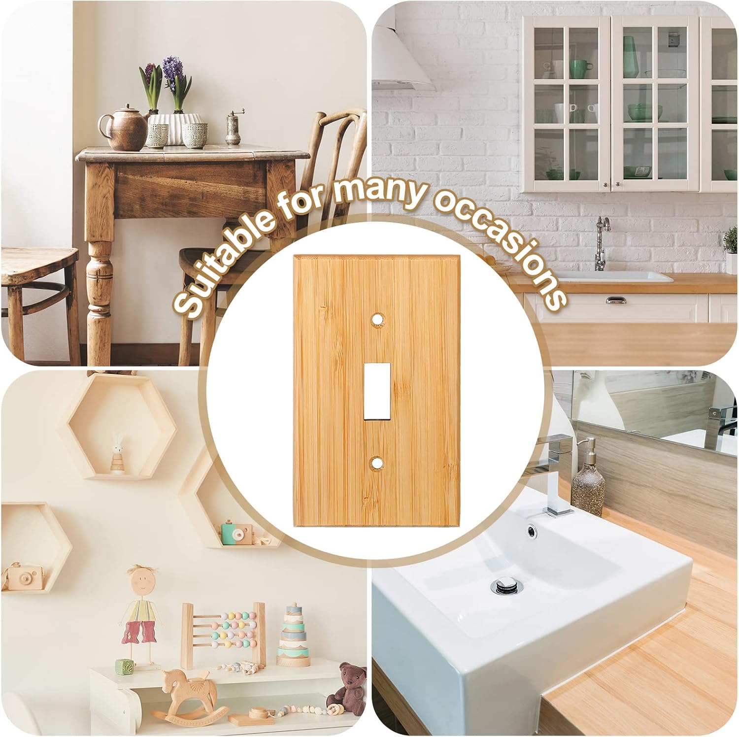 Pinkunn 10 Pieces Solid Wood Light Switch Plate Outlet Covers Bamboo Wooden Decorative Wall Plate for Home Bedroom Kitchen(Light Oak,Single Toggle)