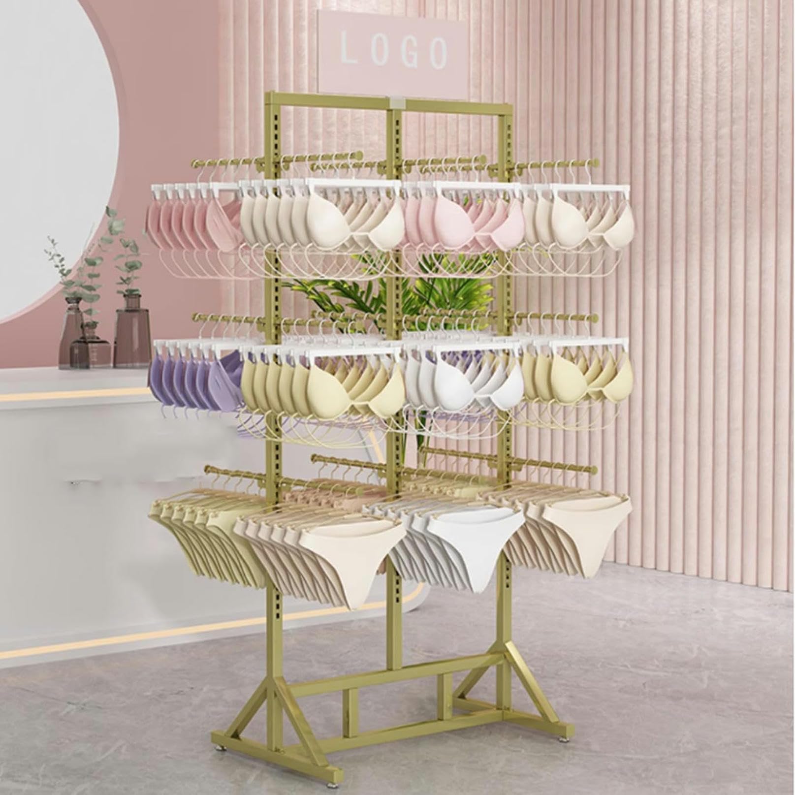 DETMOL Standing racks for underwear, scarf storage racks for clothing stores, display stands for briefs, shorts, bras, hijabs and silk scarves in retail.