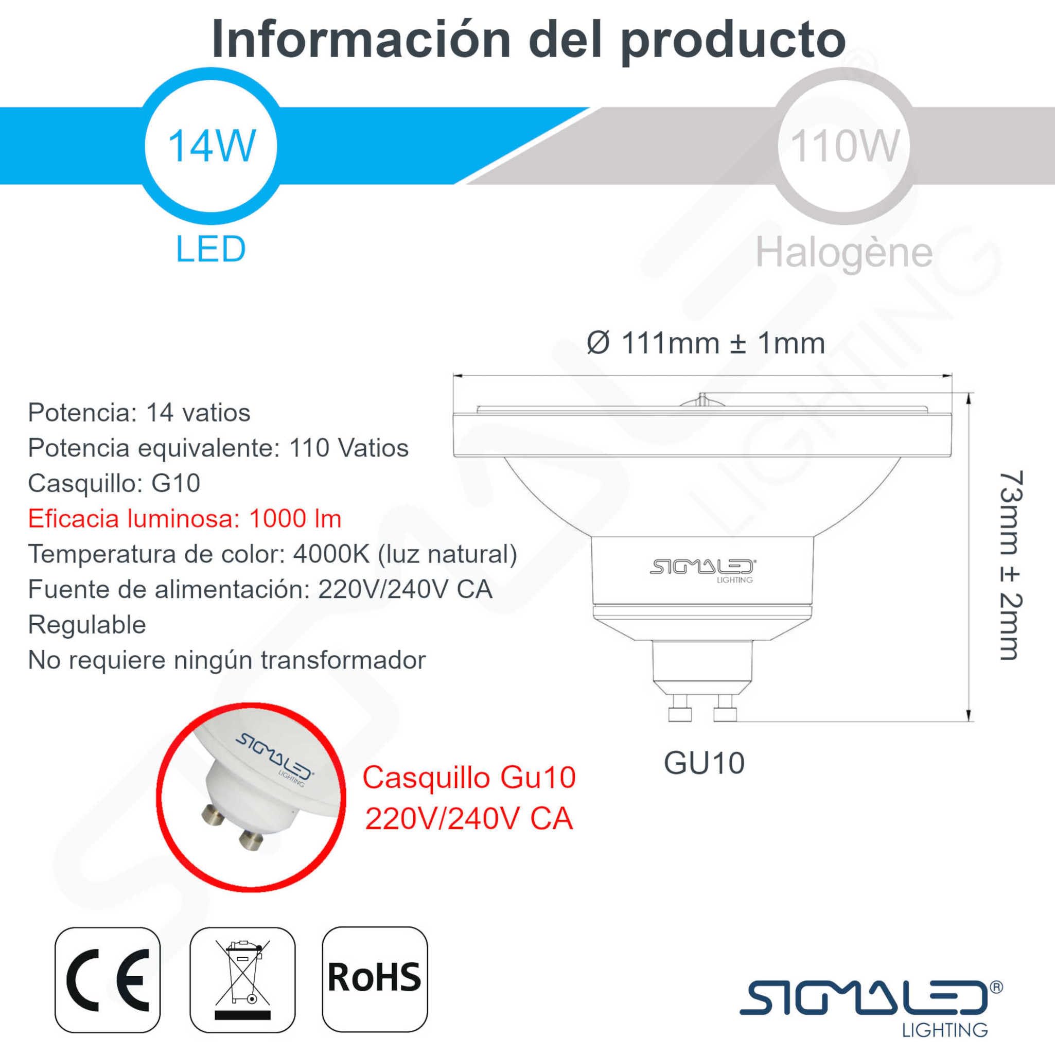 Sigmaled lighting, FOCO LED AR111 REGULABLE GU10 14W (=110W halógeno), 1000 lúmenes, blanco NATURAL 4000K, Bombilla led AR111 para interior, 5 Unidad